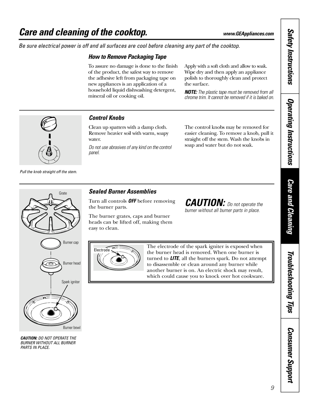 GE JGP637 Care and cleaning of the cooktop, How to Remove Packaging Tape, Control Knobs, Sealed Burner Assemblies 