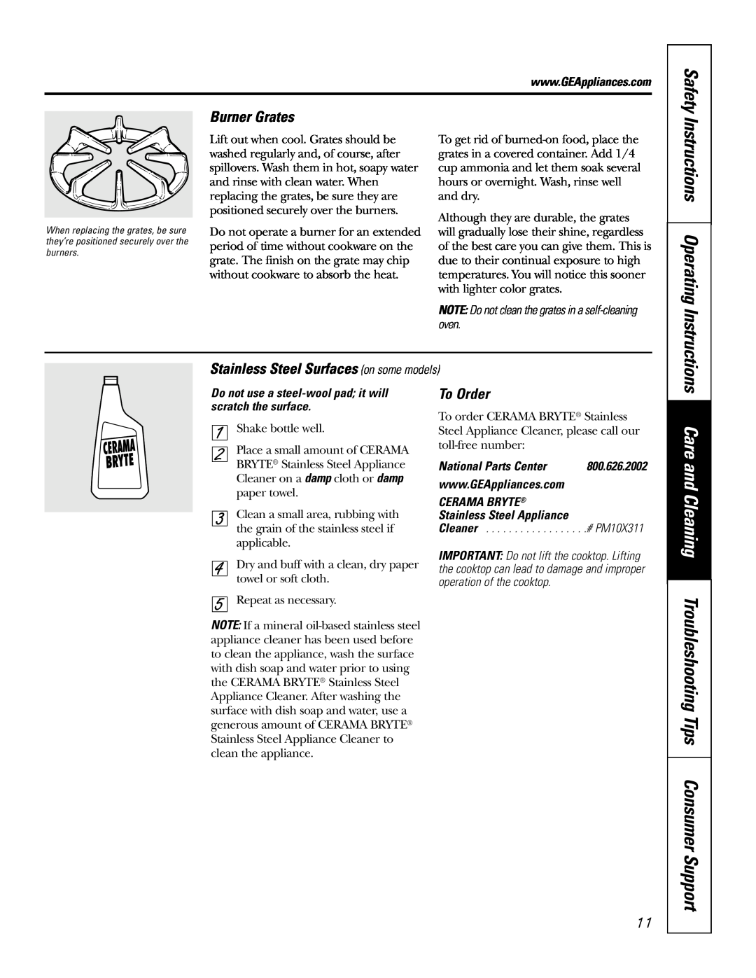 GE JGP637 Care and Cleaning Troubleshooting Tips Consumer Support, Burner Grates, Instructions Operating Instructions 