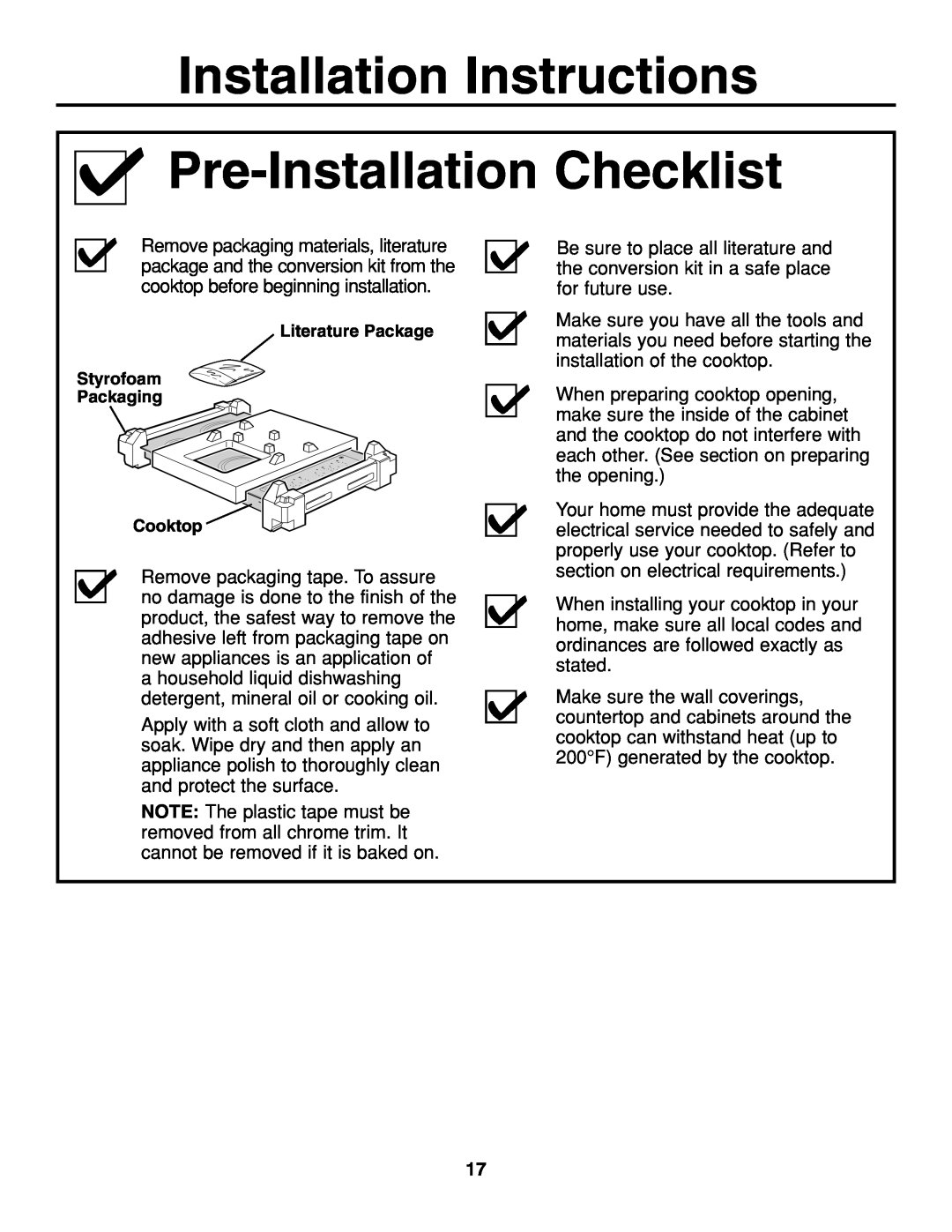 GE JGP637 installation instructions Installation Instructions Pre-Installation Checklist 