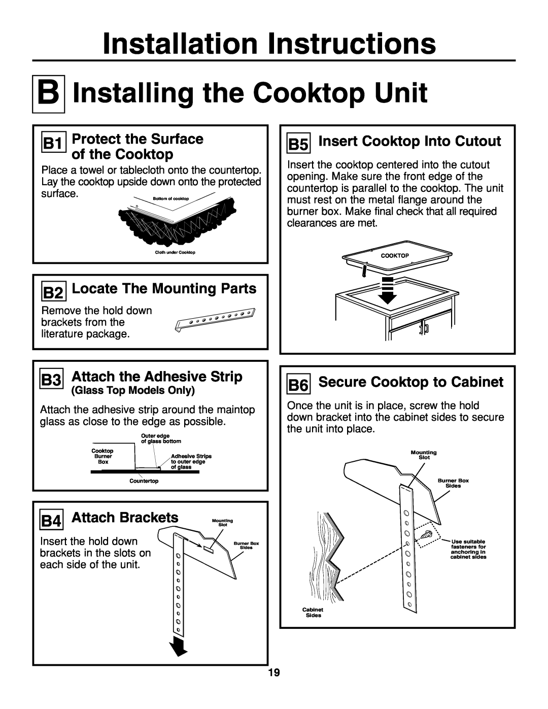 GE JGP637 Installing the Cooktop Unit, B1 Protect the Surface of the Cooktop, B2 Locate The Mounting Parts 