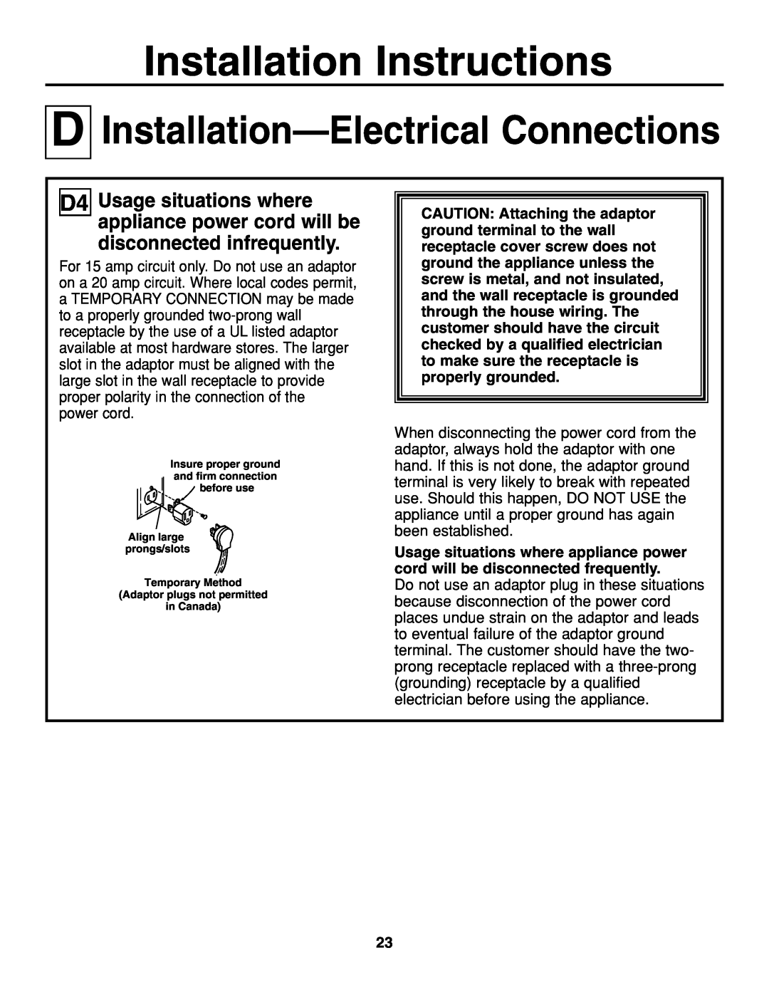 GE JGP637 installation instructions Installation Instructions, Installation-Electrical Connections, in Canada 
