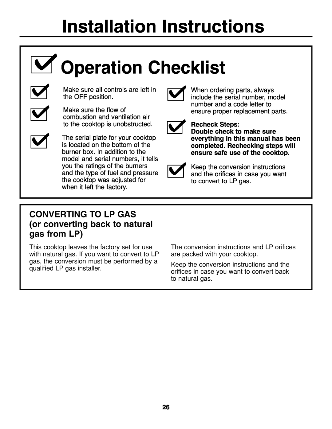 GE JGP637 Installation Instructions Operation Checklist, CONVERTING TO LP GAS or converting back to natural gas from LP 