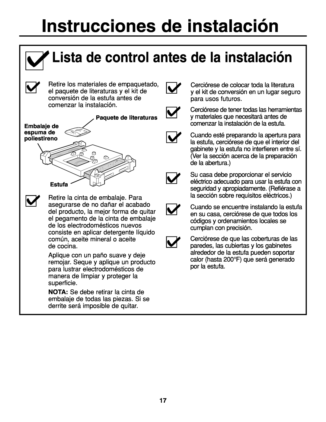 GE JGP637 installation instructions Instrucciones de instalación, Lista de control antes de la instalación 