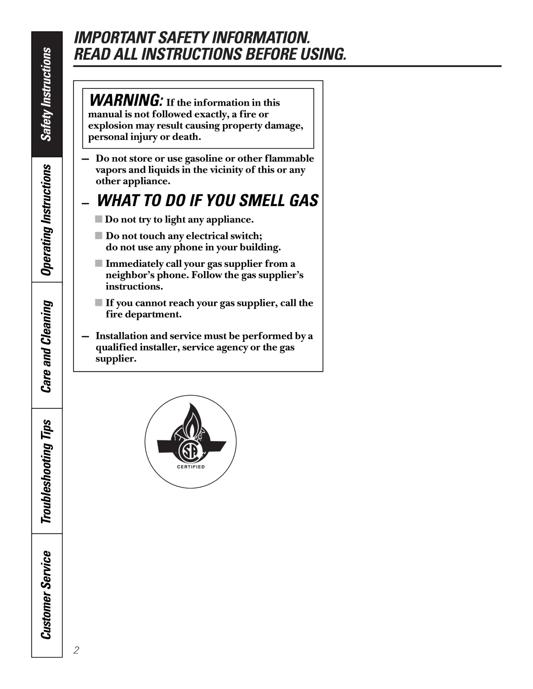 GE JGP656 installation instructions What to do if YOU Smell GAS 