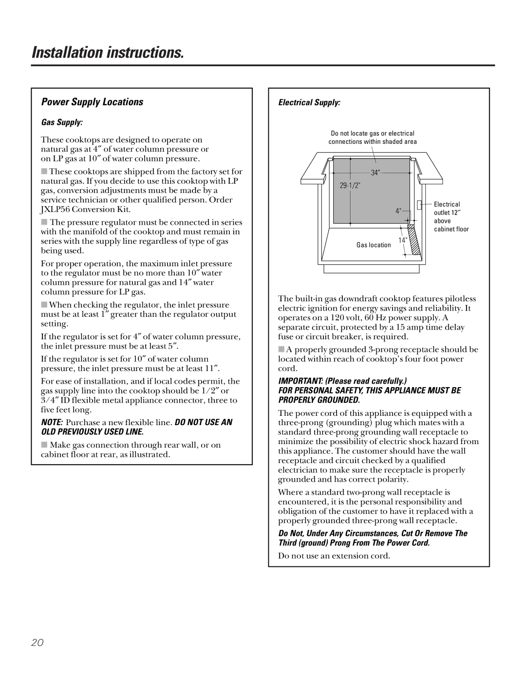 GE JGP656 installation instructions Power Supply Locations, Gas Supply Electrical Supply, Important Please read carefully 