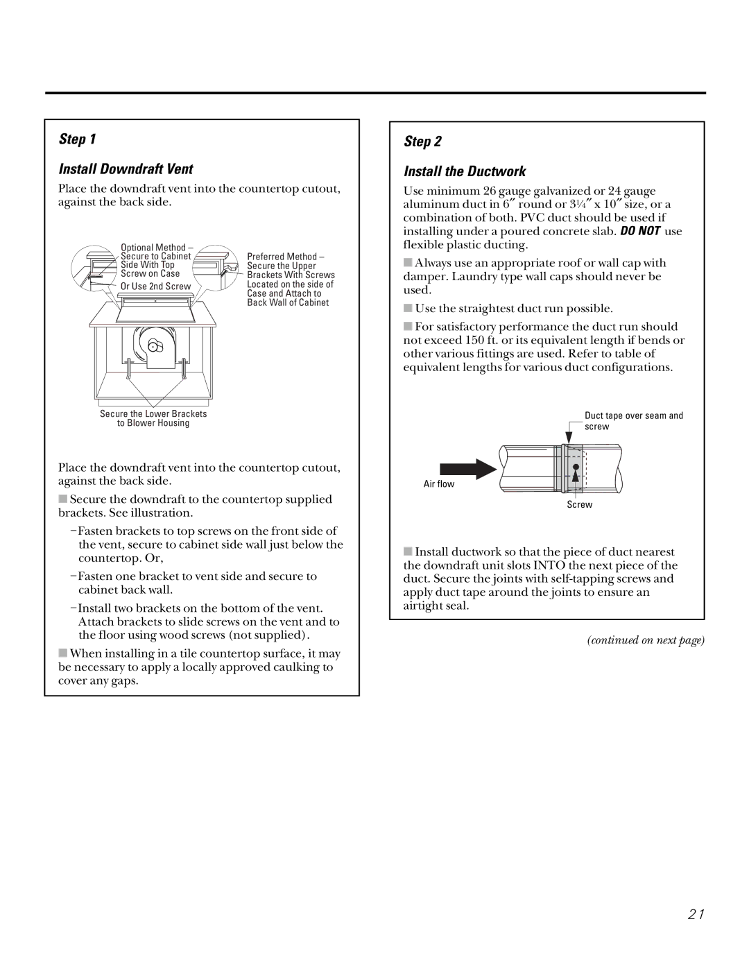 GE JGP656 installation instructions Step Install Downdraft Vent, Step Install the Ductwork 