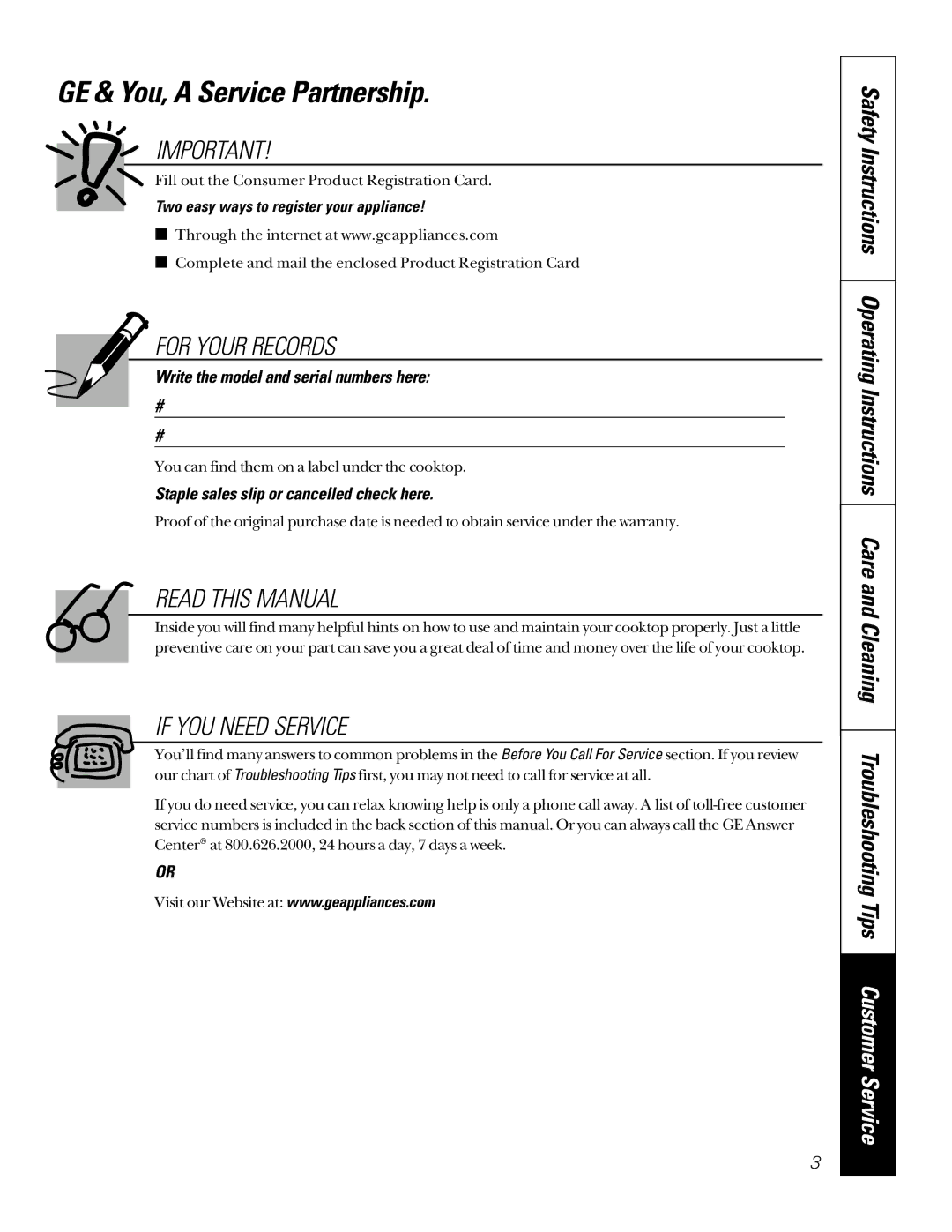 GE JGP656 installation instructions GE & You, a Service Partnership, Two easy ways to register your appliance 