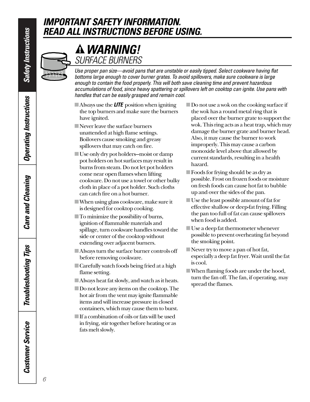 GE JGP656 installation instructions Surface Burners 