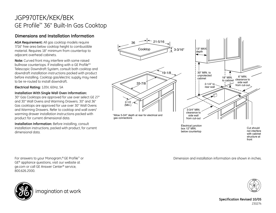 GE JGP970KEK dimensions JGP970TEK/KEK/BEK, GE Profile 36 Built-In Gas Cooktop, Dimensions and Installation Information 