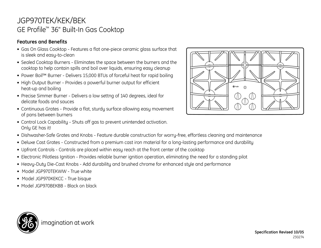 GE JGP970BEK, JGP970TEK, JGP970KEK dimensions GE Profile 36 Built-In Gas Cooktop, Features and Benefits 
