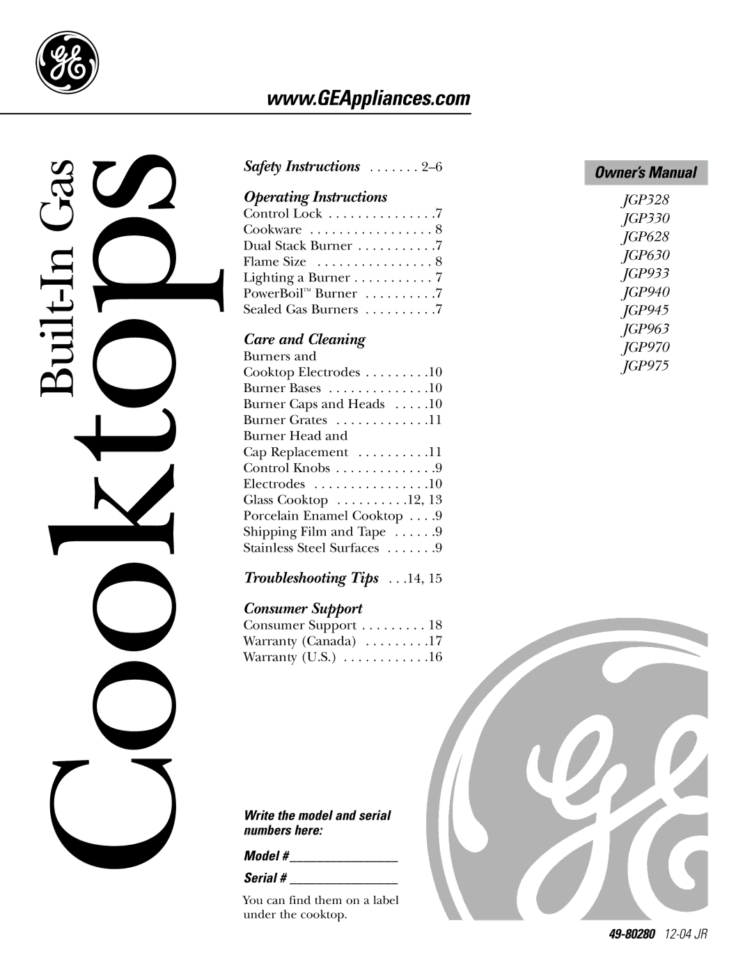 GE JGP975 owner manual Cooktops 