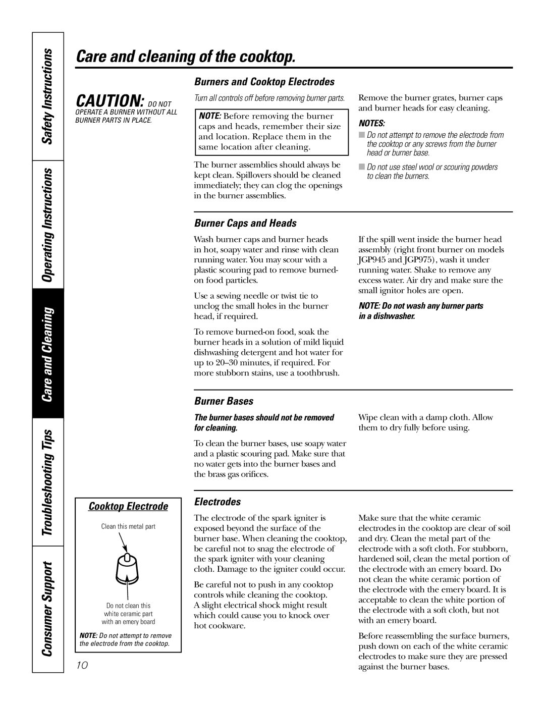 GE JGP975 owner manual Troubleshooting Tips, Burners and Cooktop Electrodes, Burner Caps and Heads 