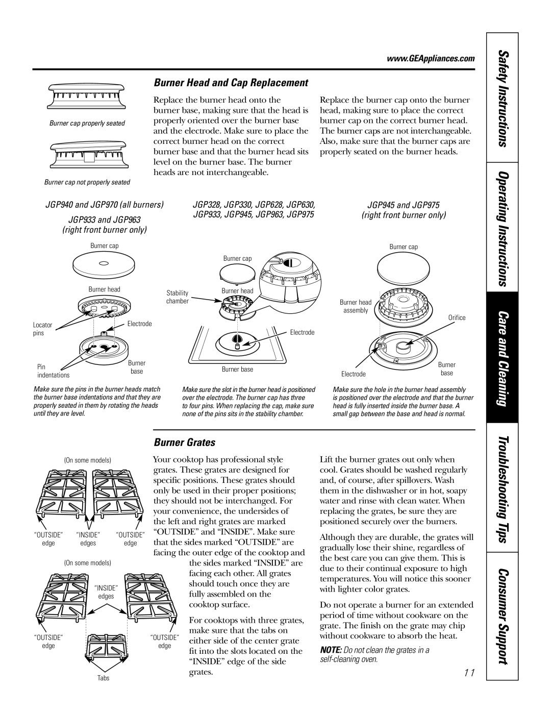 GE JGP975 Instructions Care and Cleaning, Troubleshooting Tips Consumer Support, Burner Head and Cap Replacement 