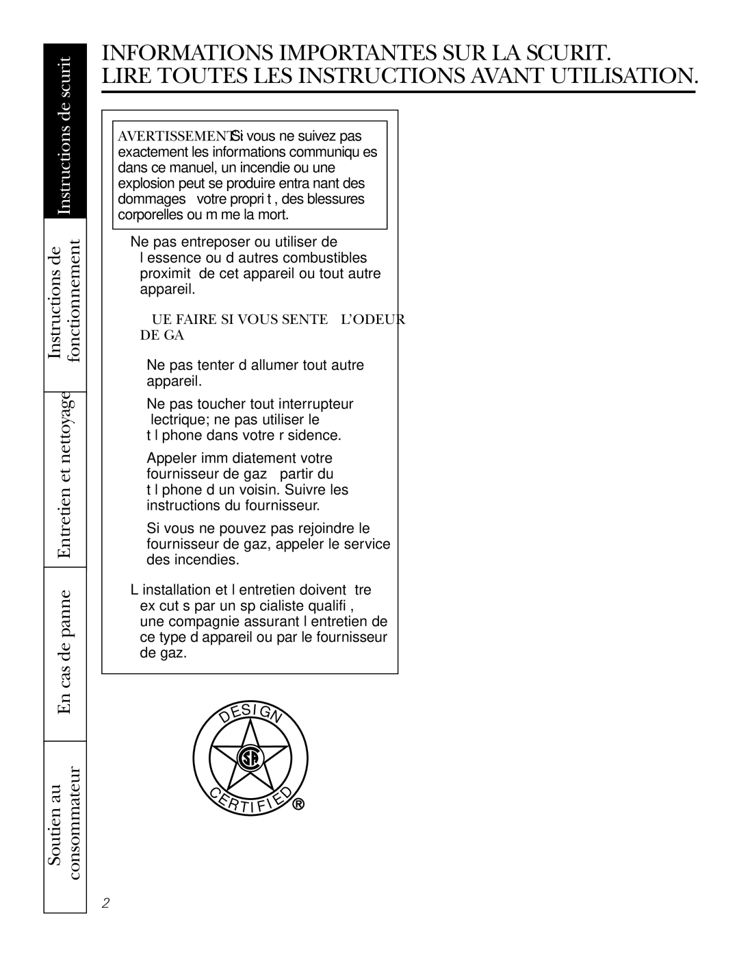 GE JGP975 owner manual Soutien au Consommateur, QUE Faire SI Vous Sentez L’ODEUR DE GAZ 