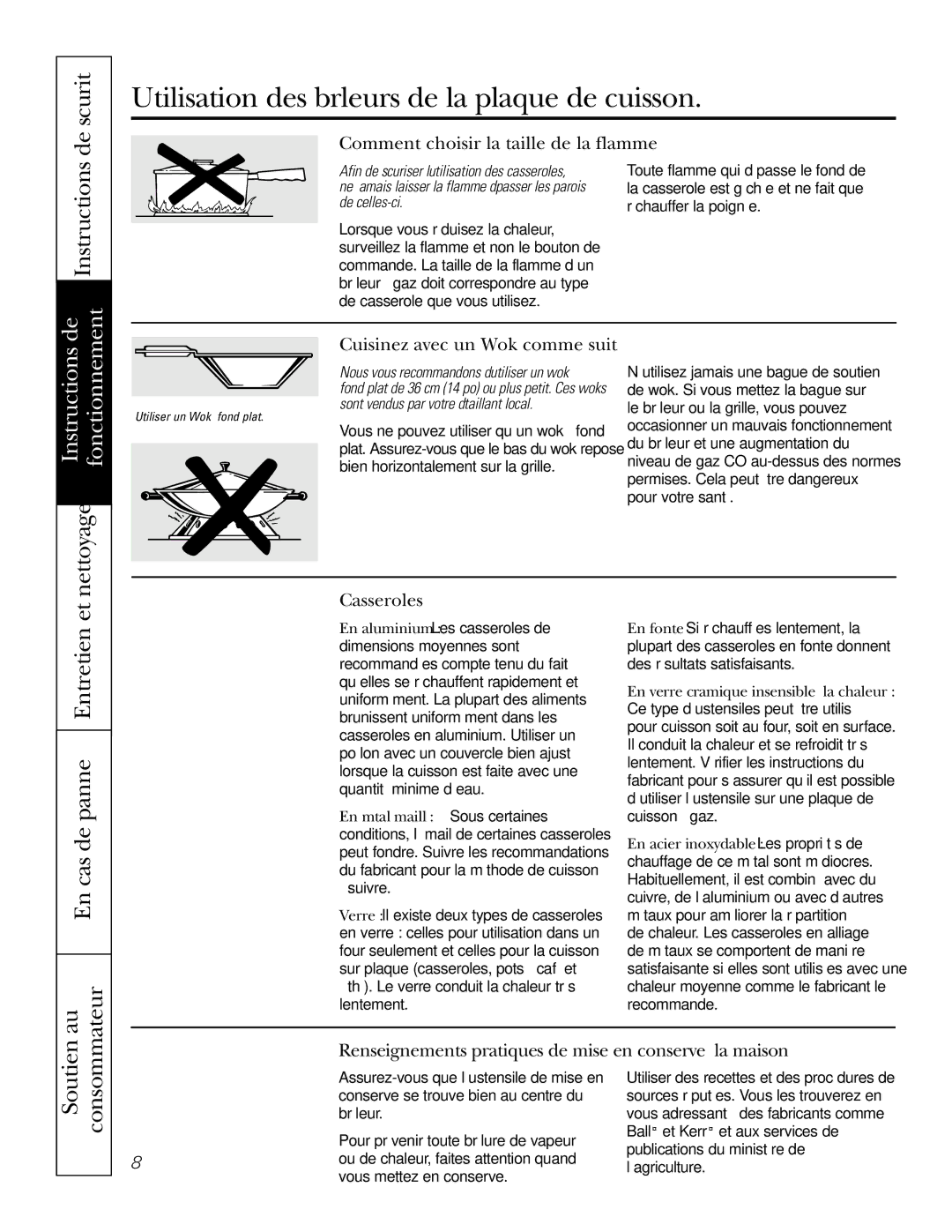 GE JGP975 owner manual Utilisation des brûleurs de la plaque de cuisson, De sécurité, En cas de panne Entretien et 