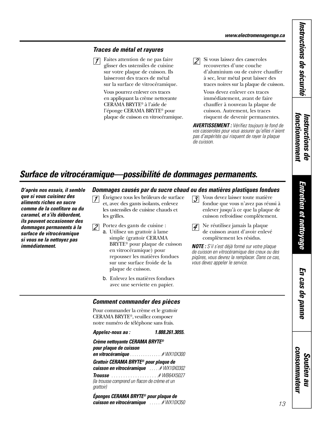 GE JGP975 owner manual Et nettoyage En cas de, Panne, Traces de métal et rayures, Comment commander des pièces 