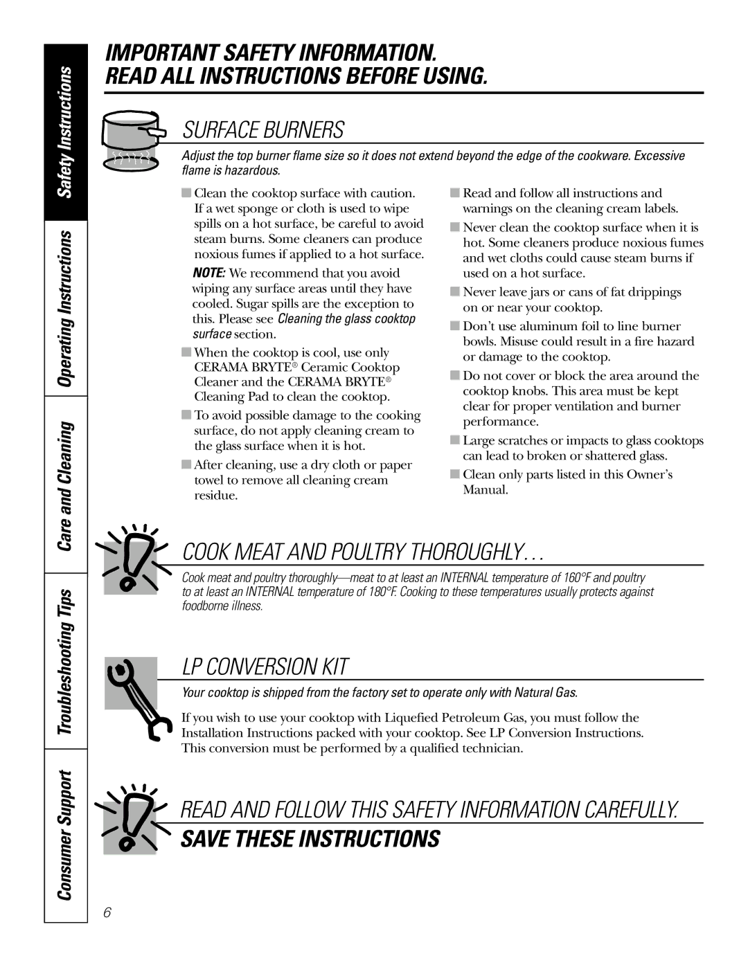 GE JGP975 owner manual Cook Meat and Poultry THOROUGHLY…, LP Conversion KIT, Cleaning Operating Instructions 