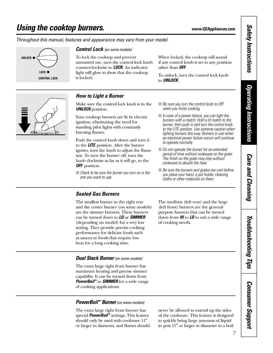 GE JGP975 owner manual Using the cooktop burners, Safety, Instructions, Tips Consumer Support 