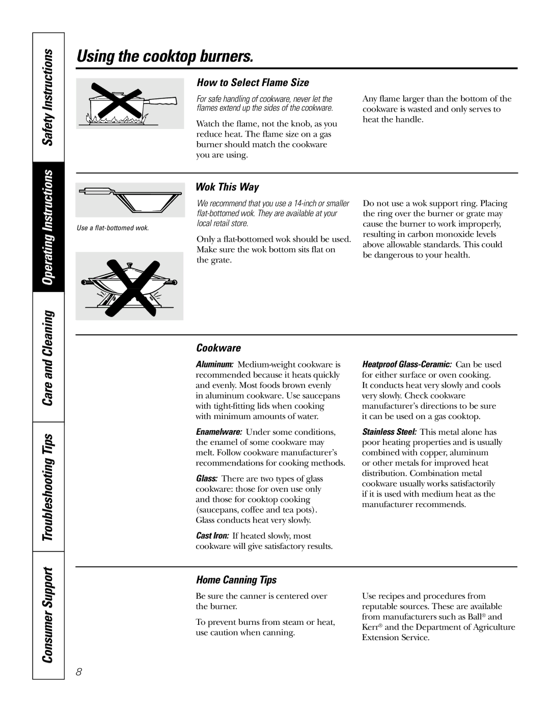 GE JGP975 owner manual Consumer Support, How to Select Flame Size, Wok This Way, Cookware, Home Canning Tips 