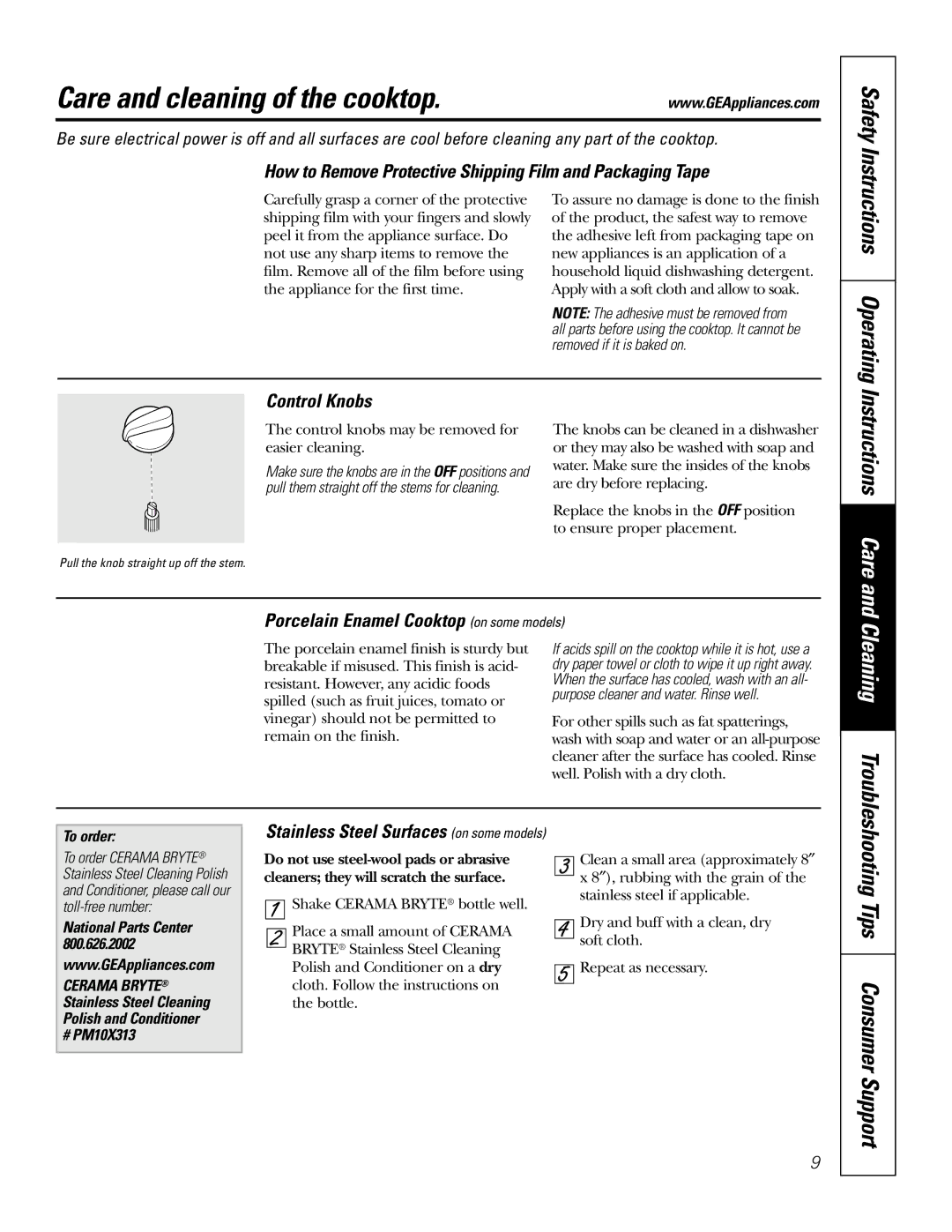 GE JGP975 owner manual Care and cleaning of the cooktop, How to Remove Protective Shipping Film and Packaging Tape 