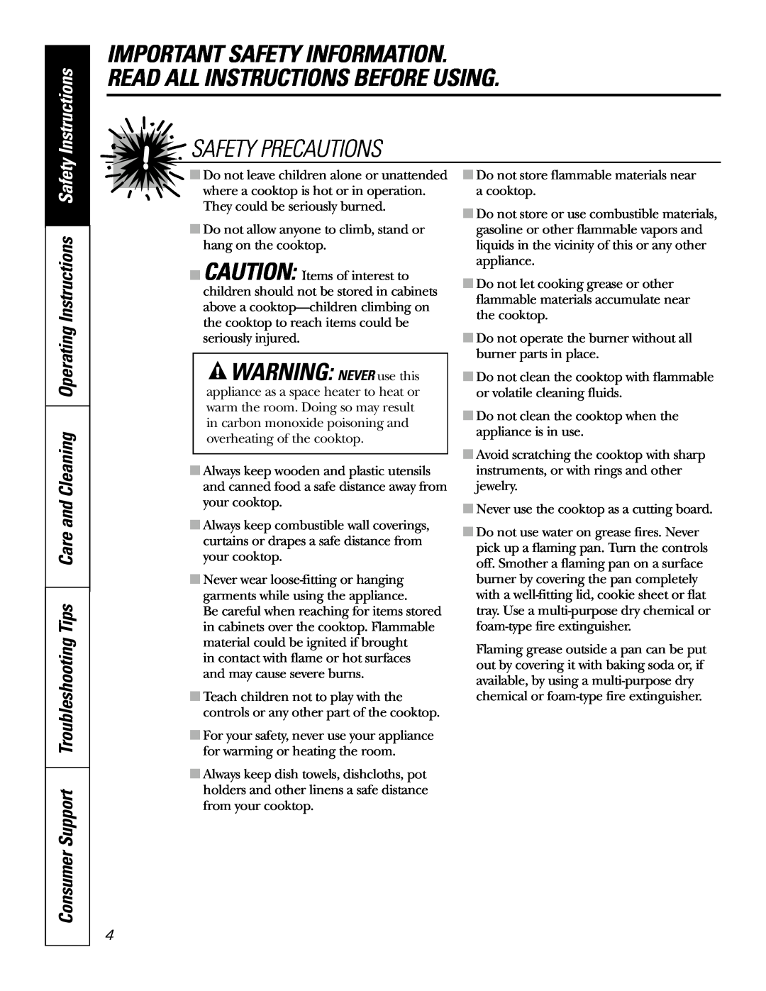 GE JGP975 owner manual WARNING NEVER use this, Instructions, Safety Precautions 