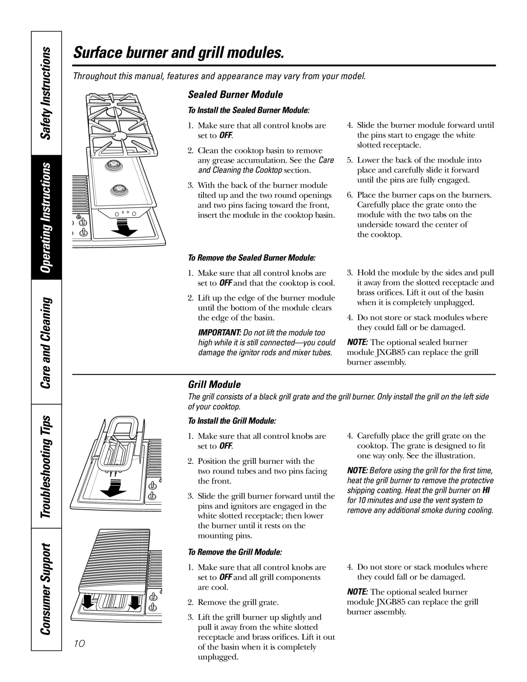 GE JGP985 owner manual Surface burner and grill modules, Consumer Support Troubleshooting Tips, Grill Module 