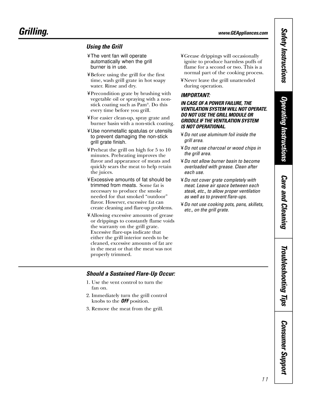 GE JGP985 owner manual Grilling, Using the Grill, Should a Sustained Flare-Up Occur 