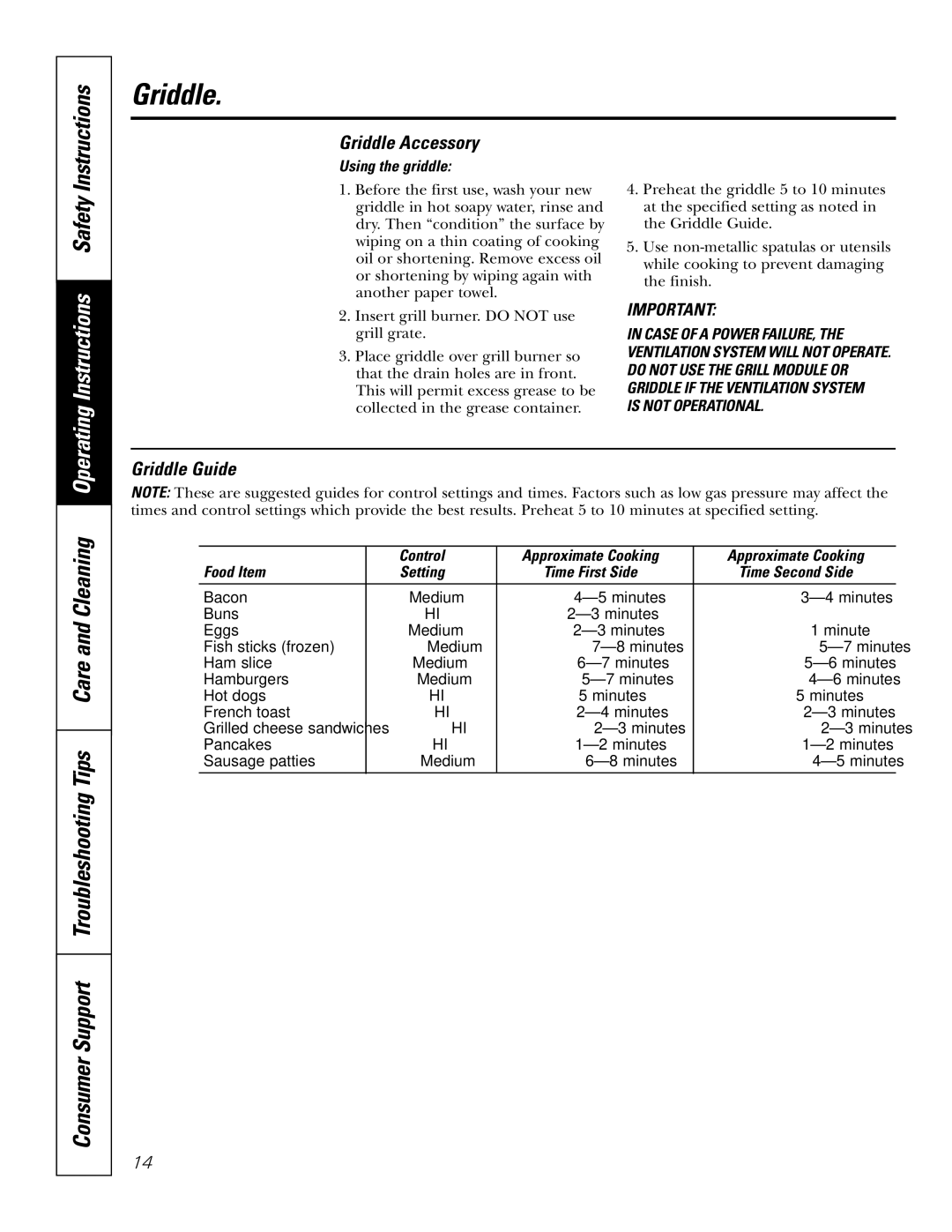 GE JGP985 owner manual Griddle Accessory, Griddle Guide, Using the griddle, Control Approximate Cooking Food Item 