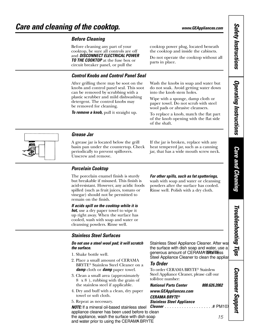 GE JGP985 owner manual Care and cleaning of the cooktop, Safety Instructions, Cleaning Troubleshooting 