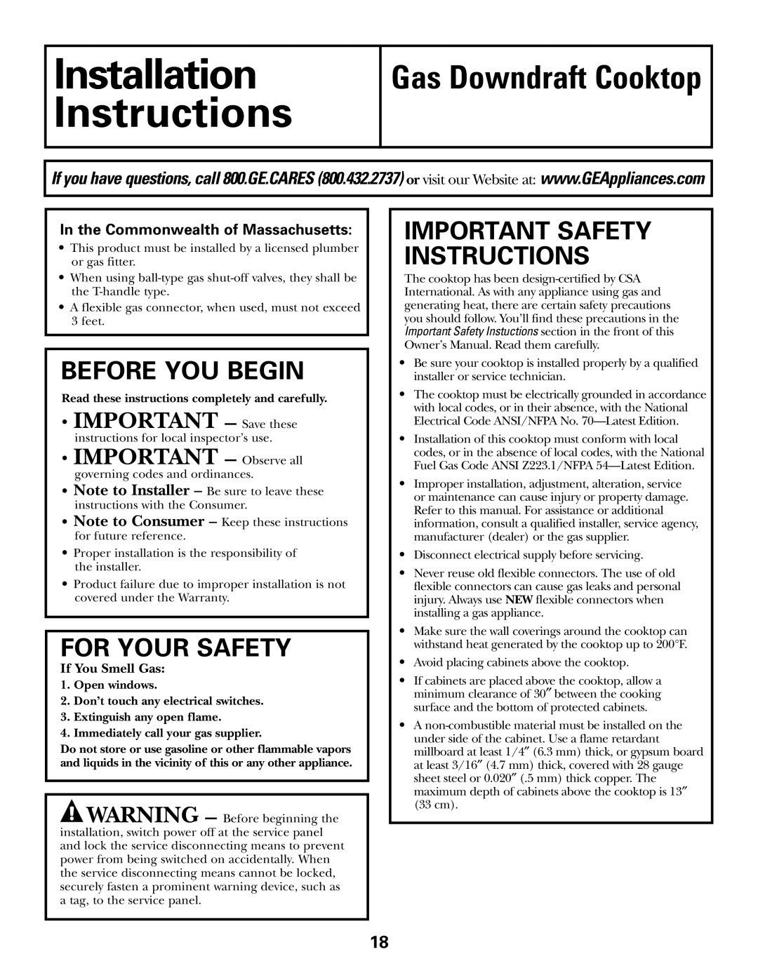 GE JGP985 owner manual Installation Instructions, Read these instructions completely and carefully 