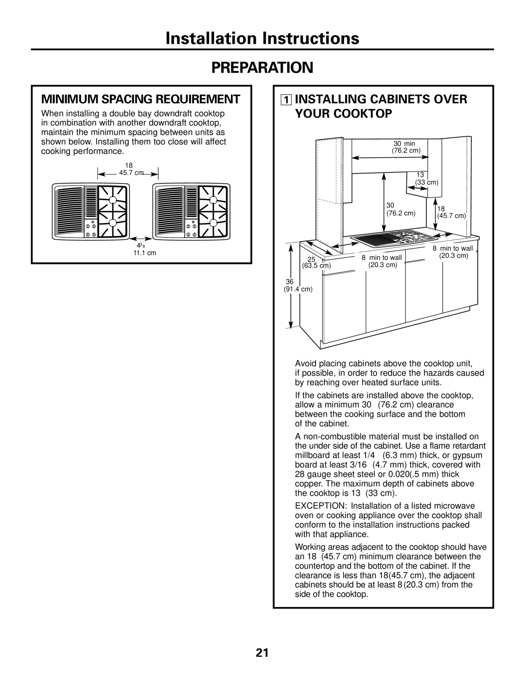 GE JGP985 owner manual Minimum Spacing Requirement, Installing Cabinets Over Your Cooktop 