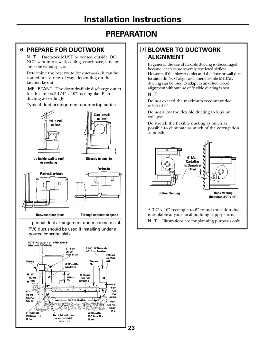 GE JGP985 owner manual Prepare for Ductwork, Blower to Ductwork Alignment, Typical duct arrangement countertop series 