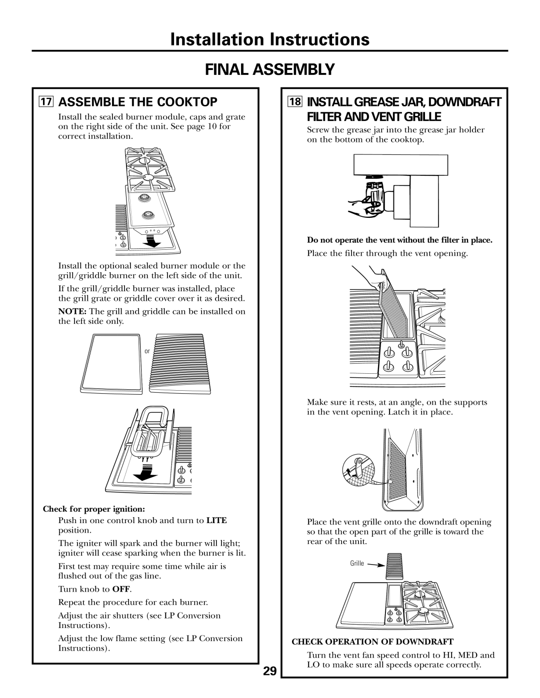 GE JGP985 owner manual Final Assembly, Assemble the Cooktop, Install Grease JAR, Downdraft Filter and Vent Grille 