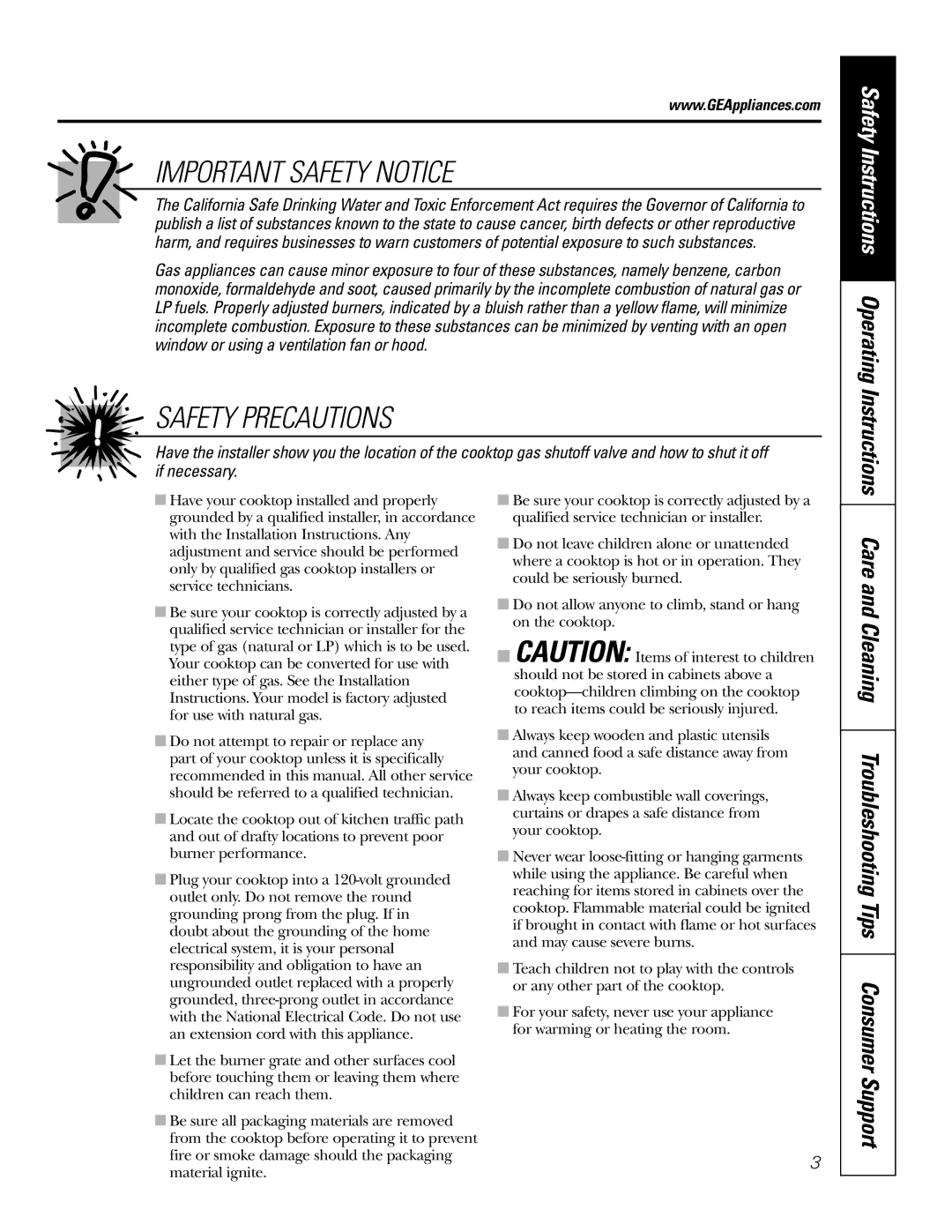 GE JGP985 owner manual Important Safety Notice, Safety Instructions Operating Instructions 