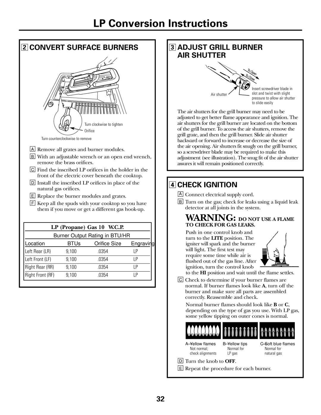 GE JGP985 owner manual Convert Surface Burners, Adjust Grill Burner AIR Shutter, Check Ignition 