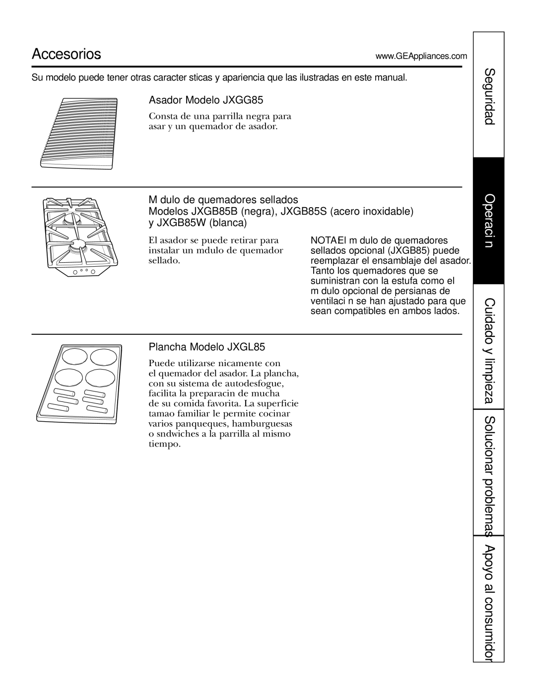 GE JGP985 owner manual Cuidado, Asador Modelo JXGG85, Plancha Modelo JXGL85 