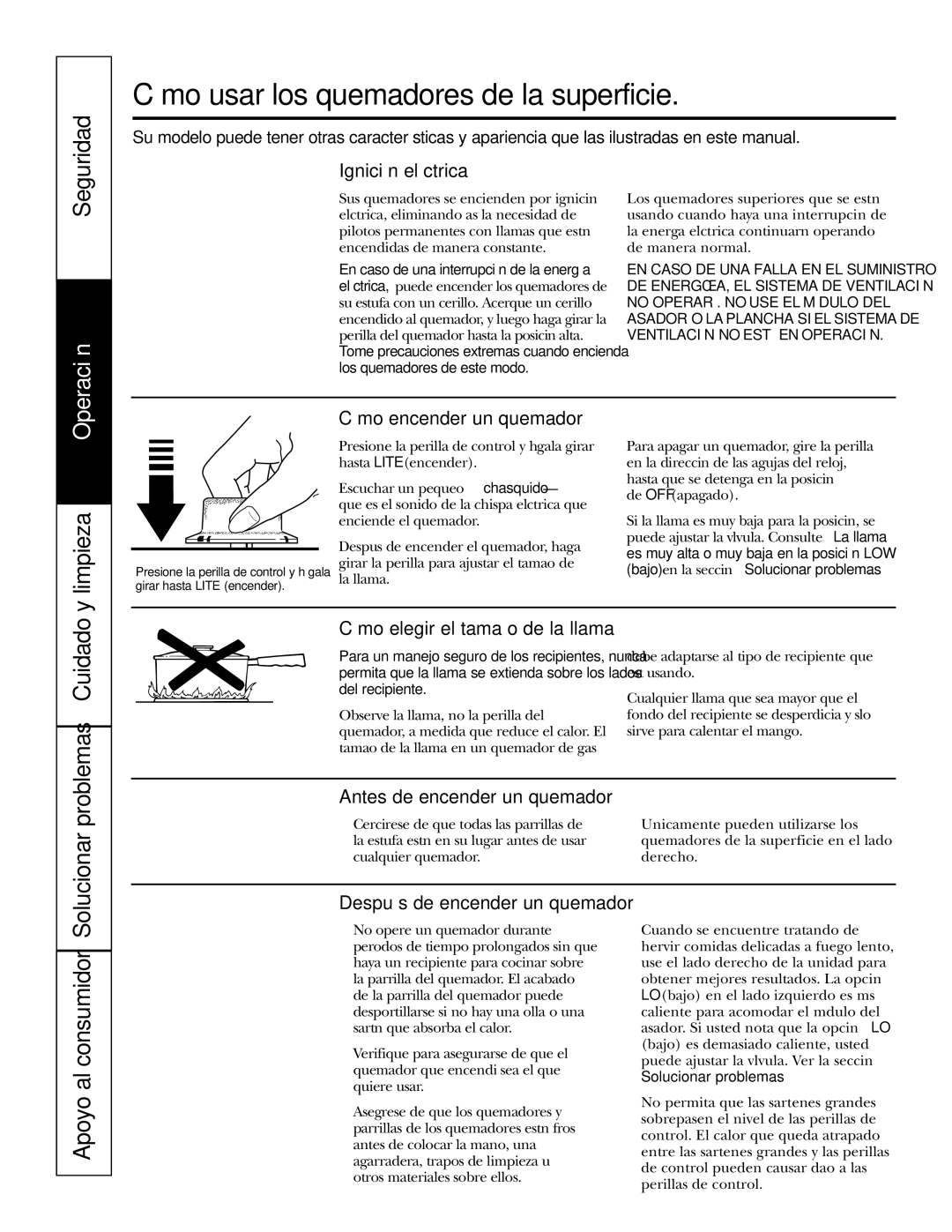 GE JGP985 owner manual Cómo usar los quemadores de la superficie, Ignición eléctrica, Cómo encender un quemador 