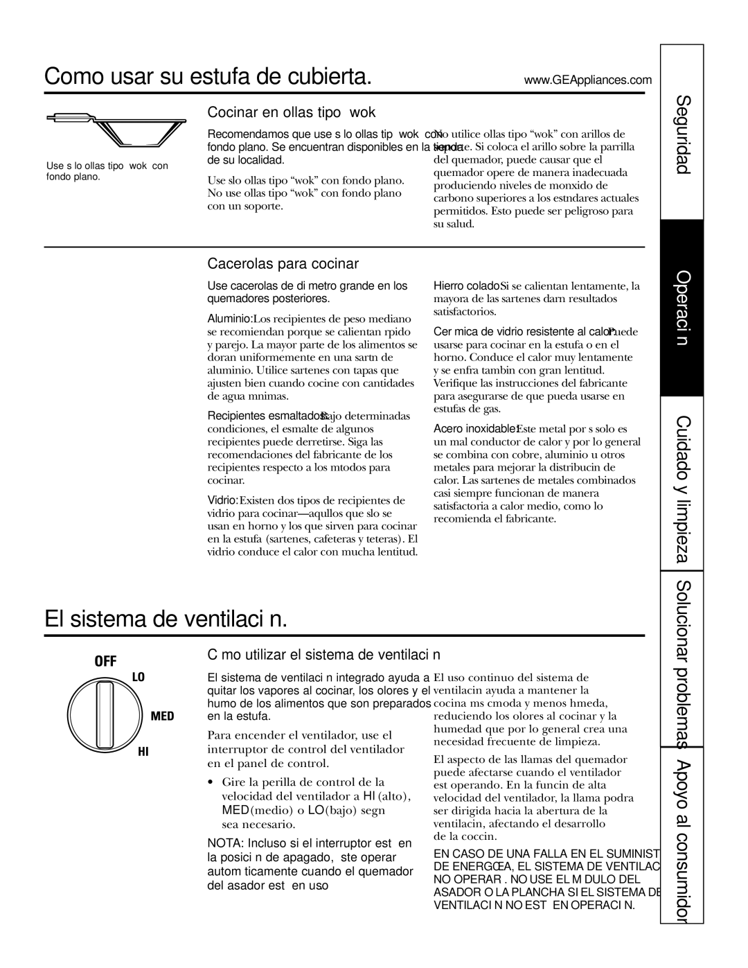 GE JGP985 Como usar su estufa de cubierta, El sistema de ventilación, Cocinar en ollas tipo wok, Cacerolas para cocinar 