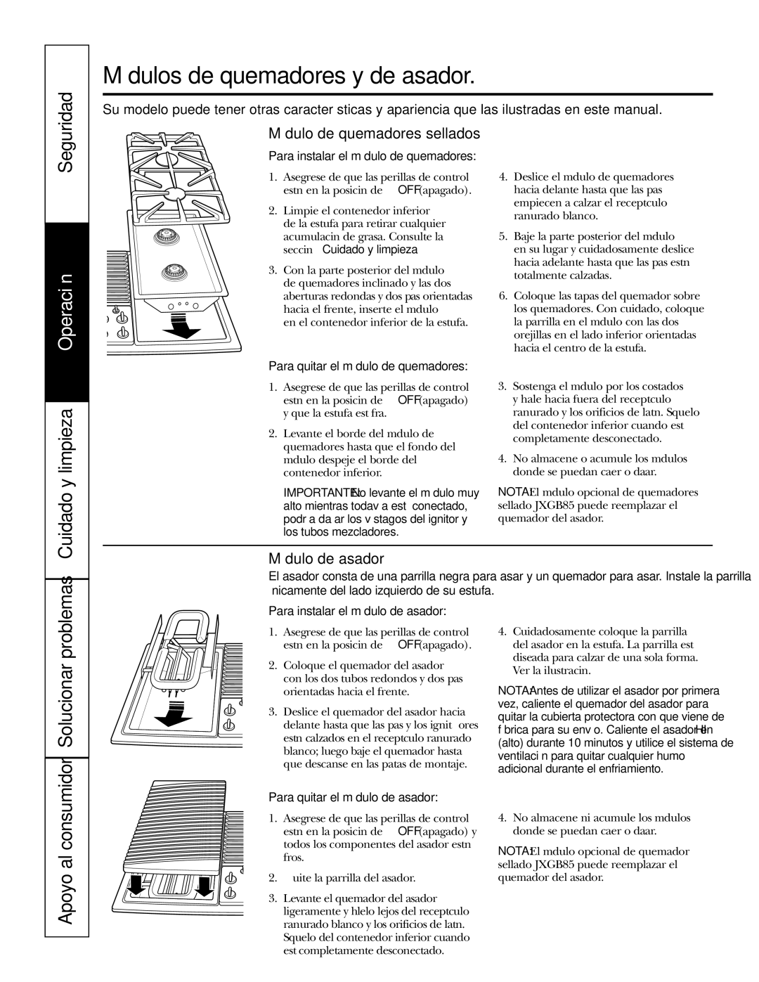 GE JGP985 owner manual Módulos de quemadores y de asador, Módulo de quemadores sellados 