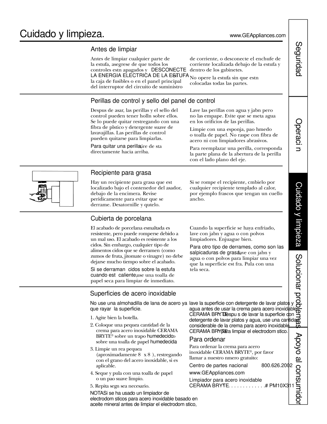 GE JGP985 owner manual Cuidado y limpieza 