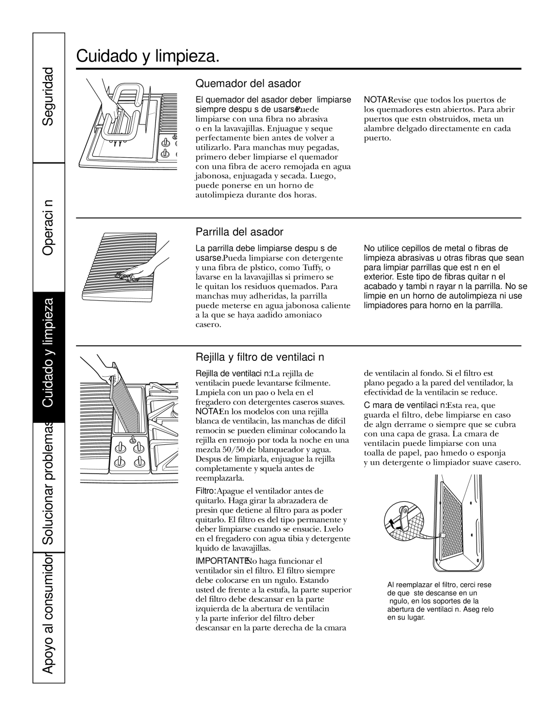 GE JGP985 owner manual Operación, Quemador del asador, Parrilla del asador, Rejilla y filtro de ventilación 