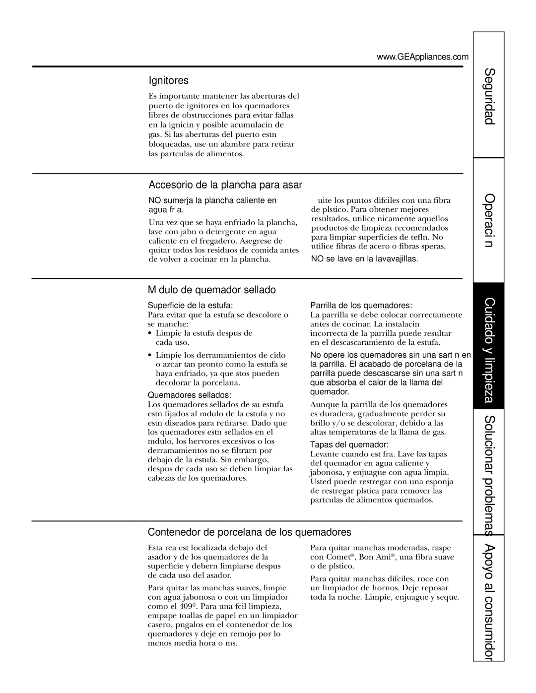 GE JGP985 owner manual Cuidado y limpieza Solucionar problemas, Ignitores, Módulo de quemador sellado, Apoyo al consumidor 