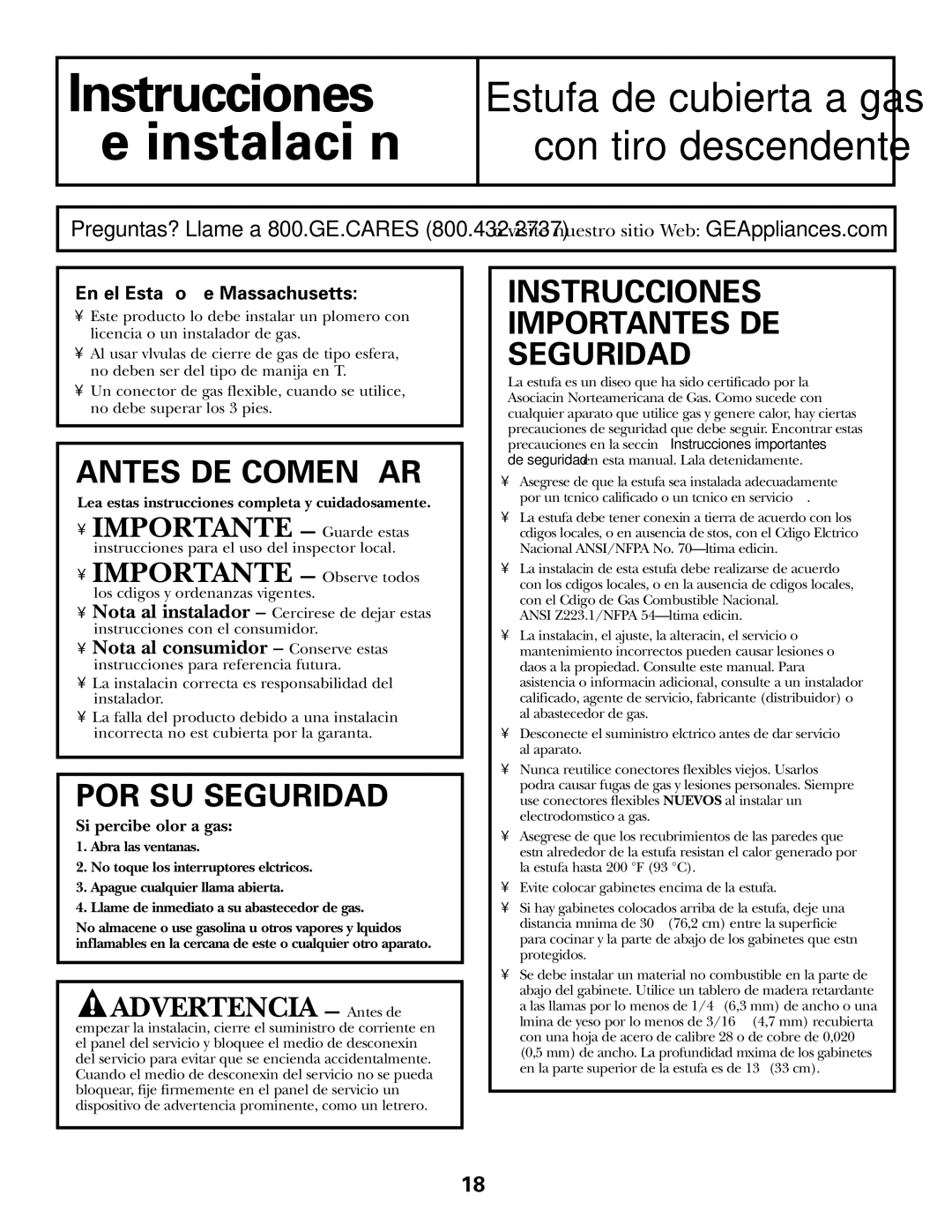 GE JGP985 owner manual Instrucciones de instalación, Lea estas instrucciones completa y cuidadosamente 