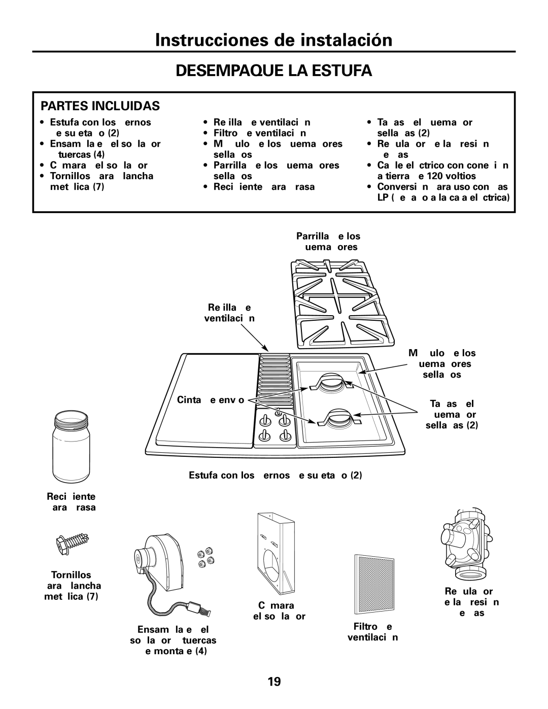 GE JGP985 owner manual Desempaque LA Estufa, Partes Incluidas 