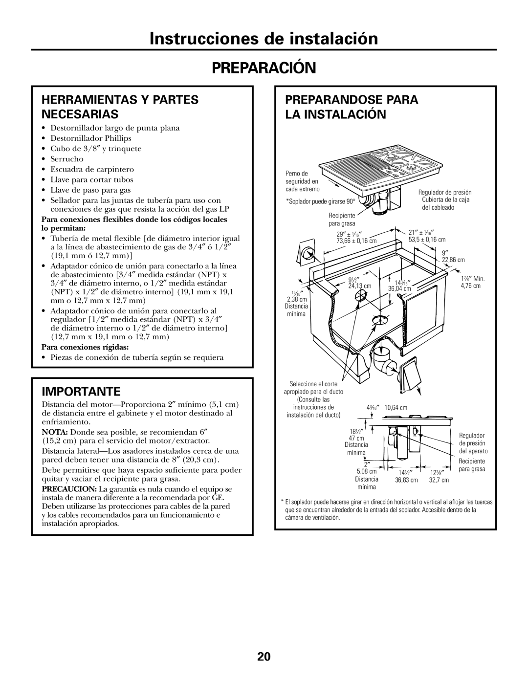 GE JGP985 owner manual Preparación, Herramientas Y Partes Necesarias, Importante, Para conexiones rígidas 