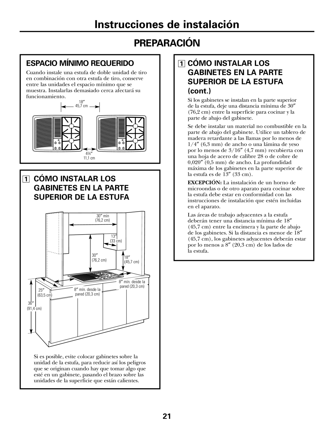 GE JGP985 owner manual Espacio Mínimo Requerido 