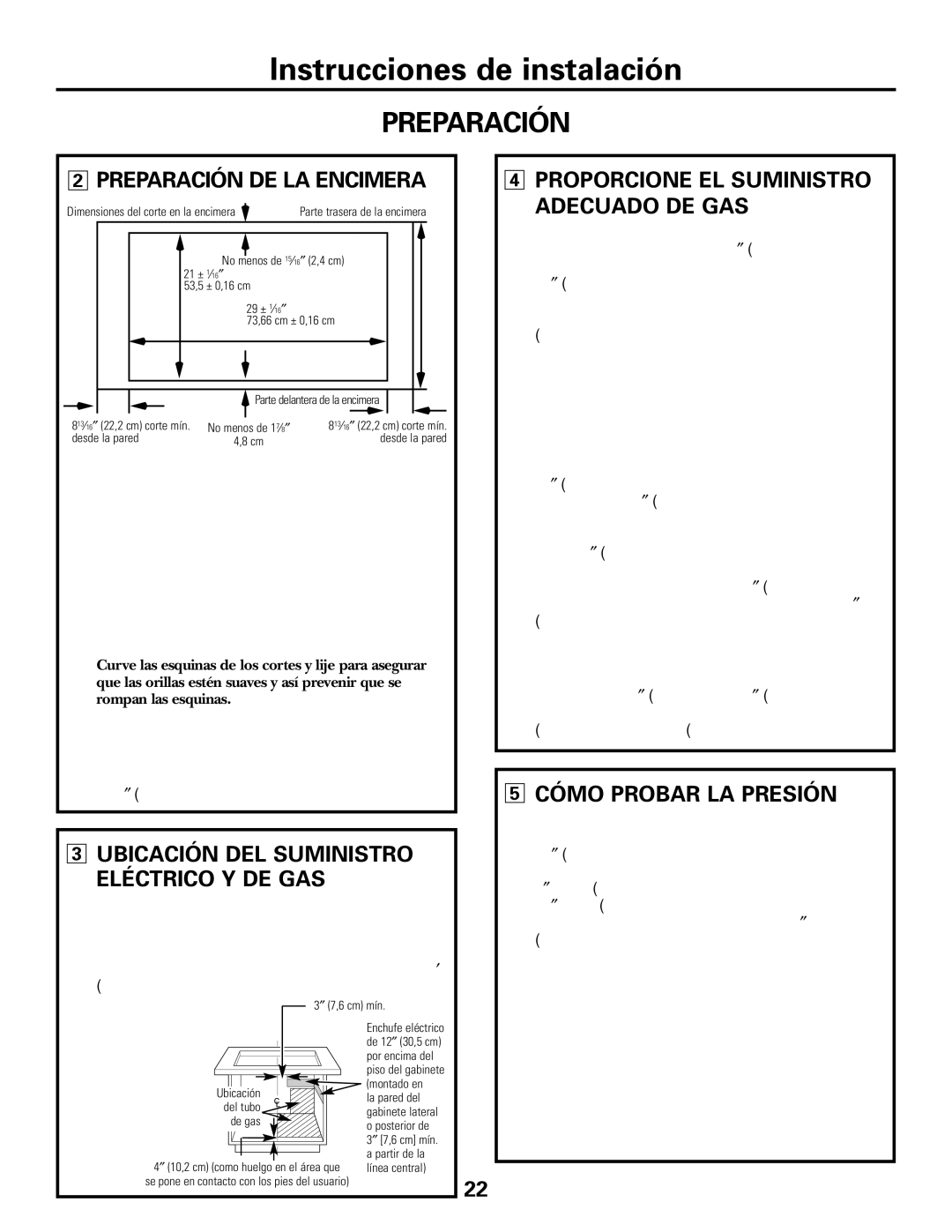 GE JGP985 owner manual Preparación DE LA Encimera, Ubicación DEL Suministro Eléctrico Y DE GAS, Cómo Probar LA Presión 