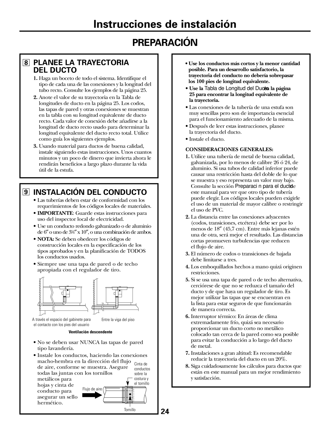 GE JGP985 owner manual Instalación DEL Conducto, Consideraciones Generales 