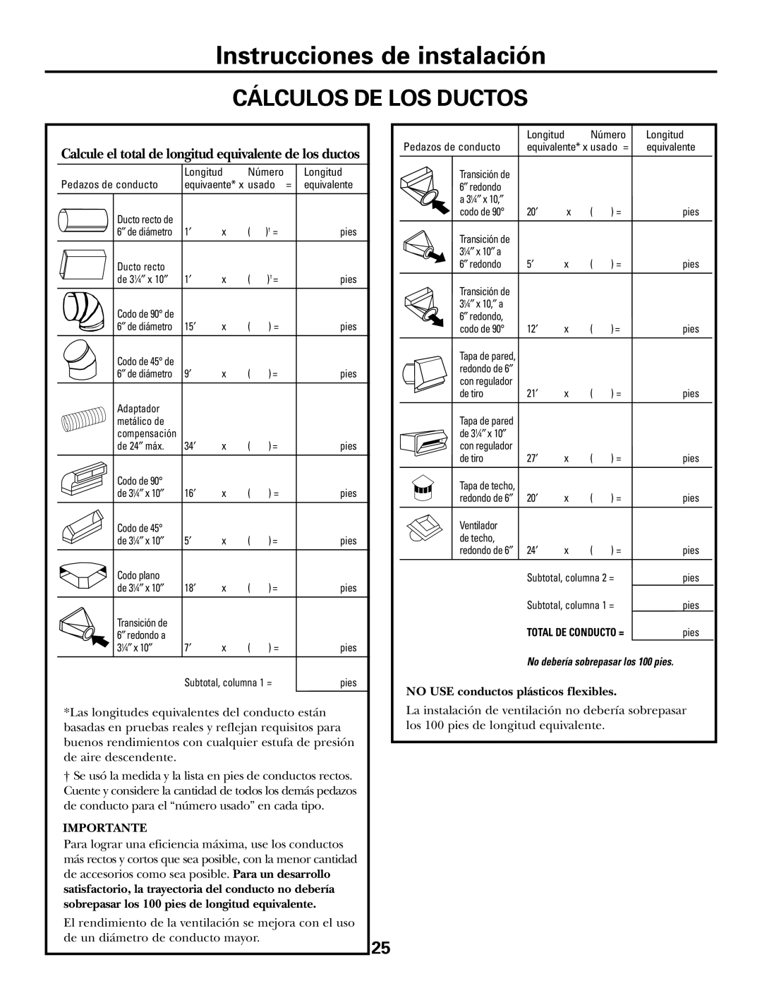 GE JGP985 owner manual Cálculos DE LOS Ductos, Importante, No USE conductos plásticos flexibles 