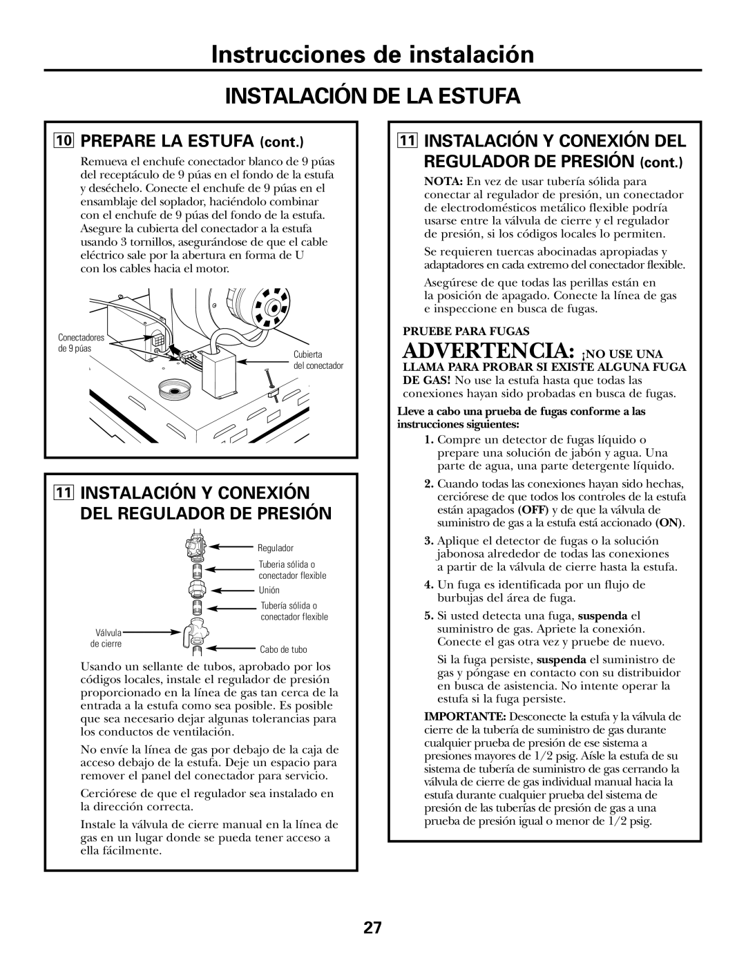 GE JGP985 owner manual Instalación Y Conexión DEL, Pruebe Para Fugas 